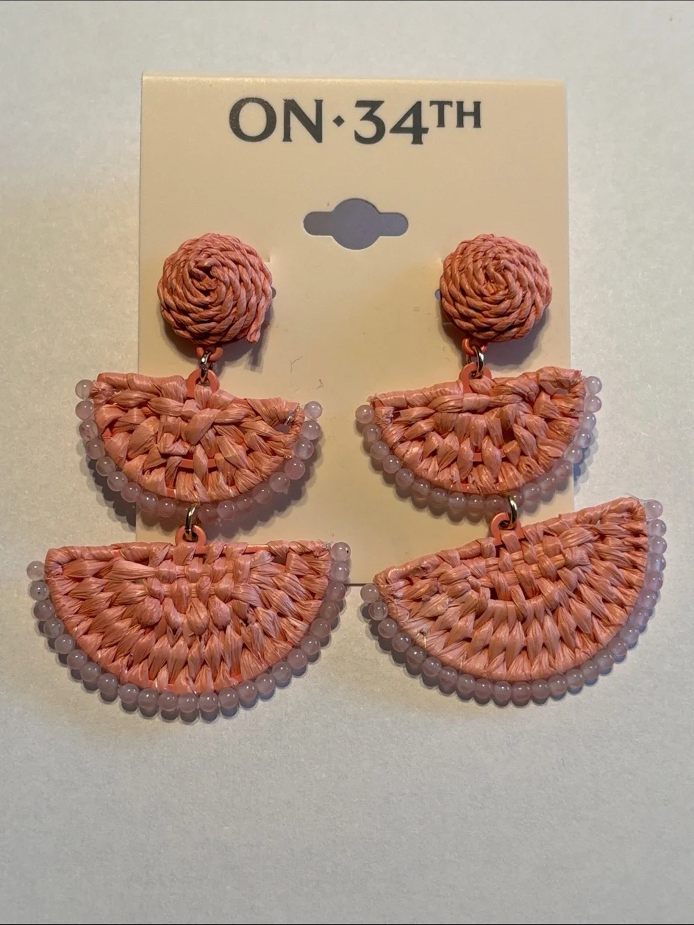 On 34th Gold-Tone Stone Bead & Woven Raffia Drop Earrings in Pink